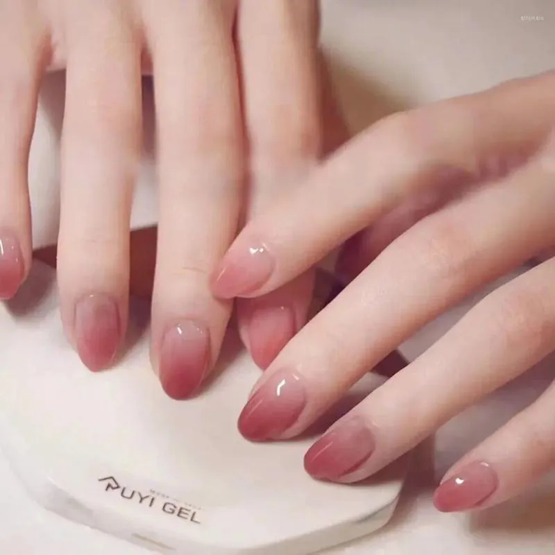 Falska naglar cusp cirkel mandel nagel mode full täckning avtagbar fransk stil körsbärsgradient mid-längd press på kvinnor