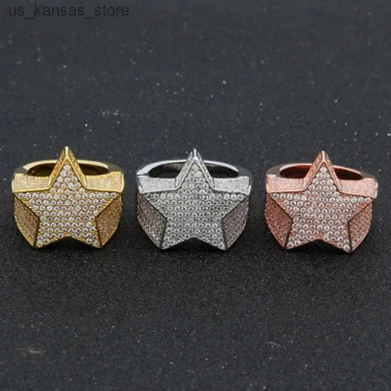 Cluster Anneaux Milangirl New Hip Hop Rock Five Star Ring For Mens Luxury Women Rancy Zircon Pentagonal Ring For Womens Wedding Party240408