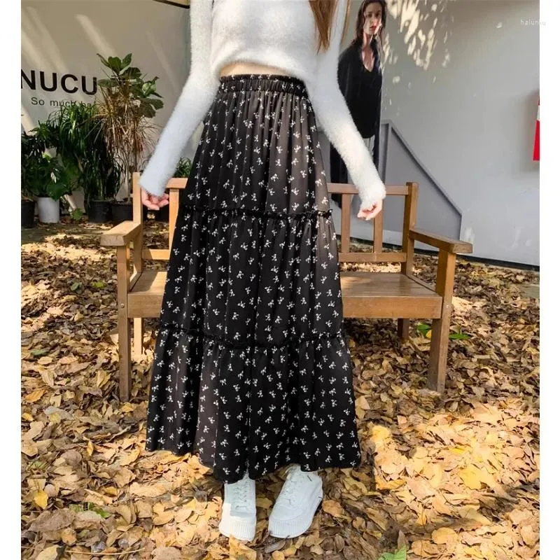 Spódnice vintage czarna spódnica elastyczna talia kwiatowy nadruk francusko-chic linia słodka długa koreańska kropla