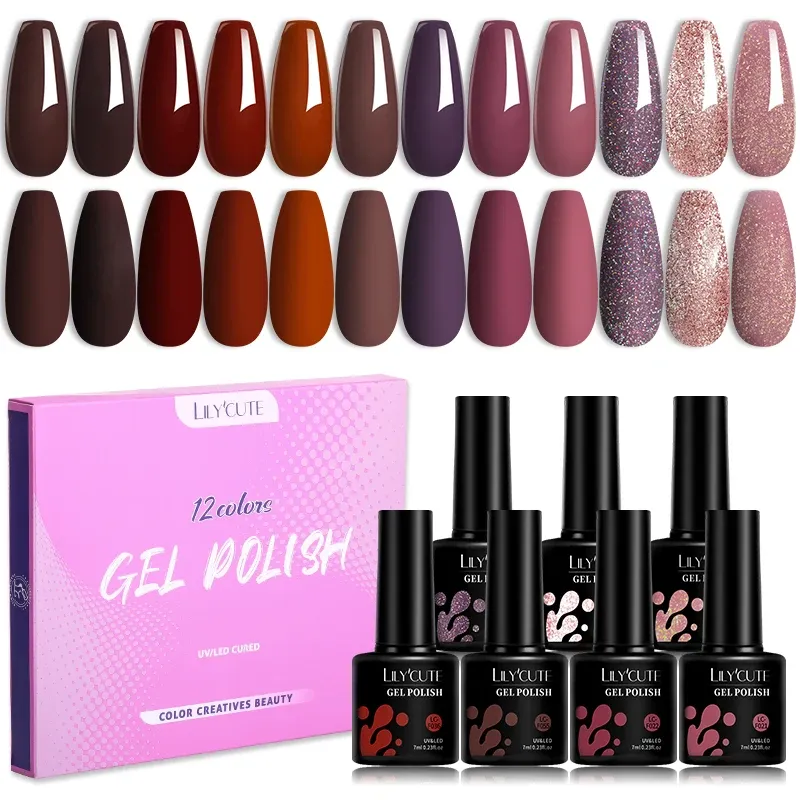 Kits Lilycute 12/10 -stcs gel nagellakset Bruine glitter wijn rode kleur manicure kit semi permanent afweekt uit uv nagel art -gel vernis