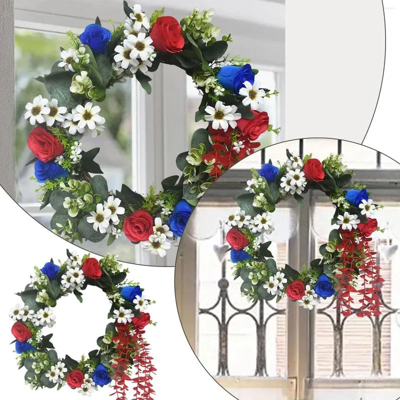 Decorative Flowers American 4th Of July Wreath Independence Day Simulation Garland Door Decoration Rose Home Party Lighted Window