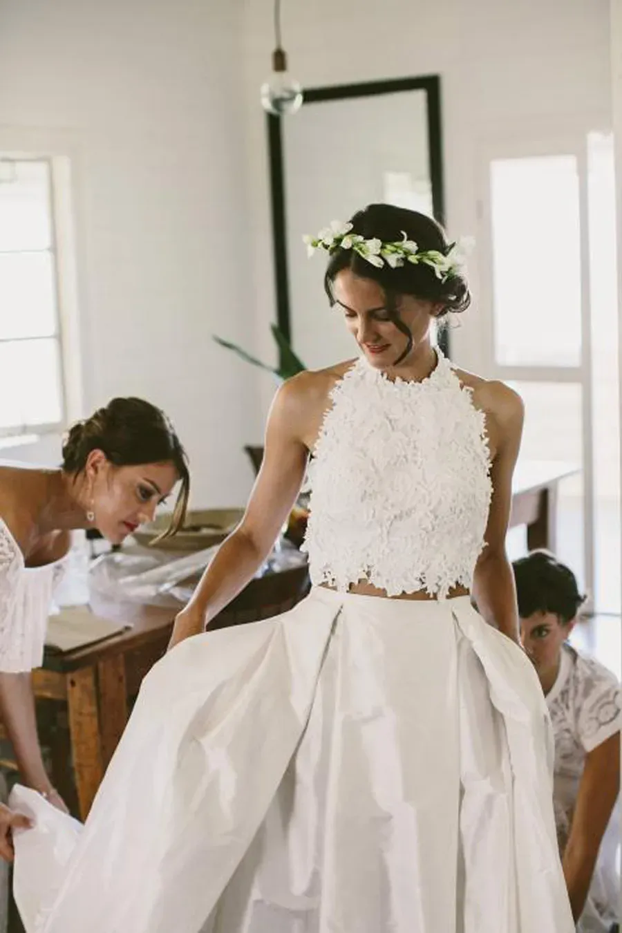 Vestidos incríveis 2 peças vestidos de noiva de praia de renda top saia de tafetá vestido de noiva moderno vestidos de noiva manto de mariee halter vestido