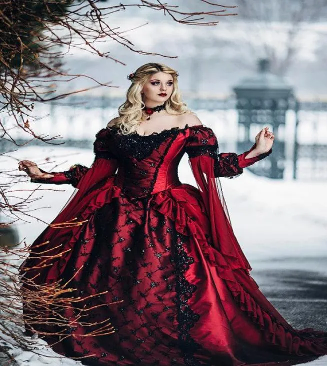 2021 gotisk sovande skönhet prinsessa medeltida röd och svart bollklänning bröllopsklänning långärmad spets applikationer viktorianska brud go1467084