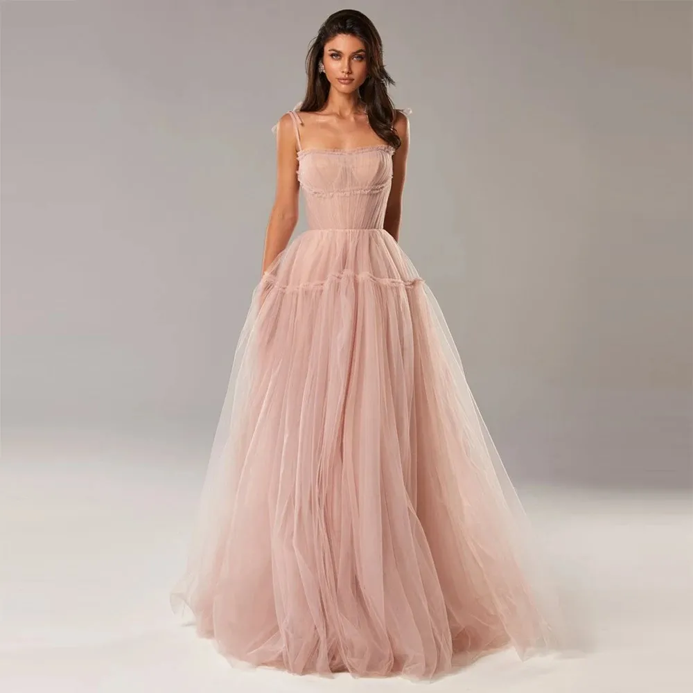 Blush Blush Rose / Blue Long Prom Robe formelle Spaghetti Brangles jupe à plusieurs niveaux en tulle A-Line Robe de fête de fête de soirée