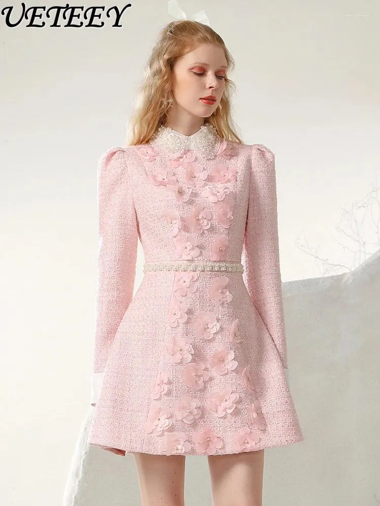 Casual Dresses Lapel midja tätt långärmad rosa klänning Elegant socialit temperament pärlstav blomma höst vinter högt botten