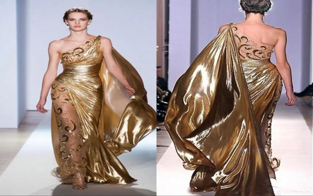 Sexig en axelguld Pageant Evening Dresses Zuhair Murad Haute Couture Applicies Shiny Long Prom Clowns 3707635