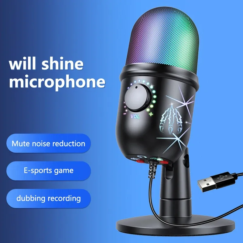 Микрофоны v5 Wired Studio Podcasting Microphone USB -поток записывает настольный компьютер USB -конденсатор микрофон, отмену шумоподавление RGB Gaming Microphone