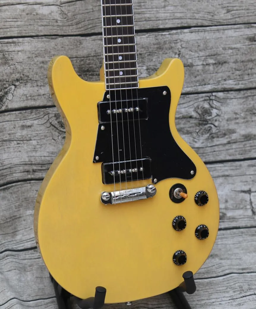 Custom Shop Double Cutaway Junior 1959 Special TV Yellow Electric Guitar Black Pickguard Black P90 Pickups Wrap Arround Tailpie7853444