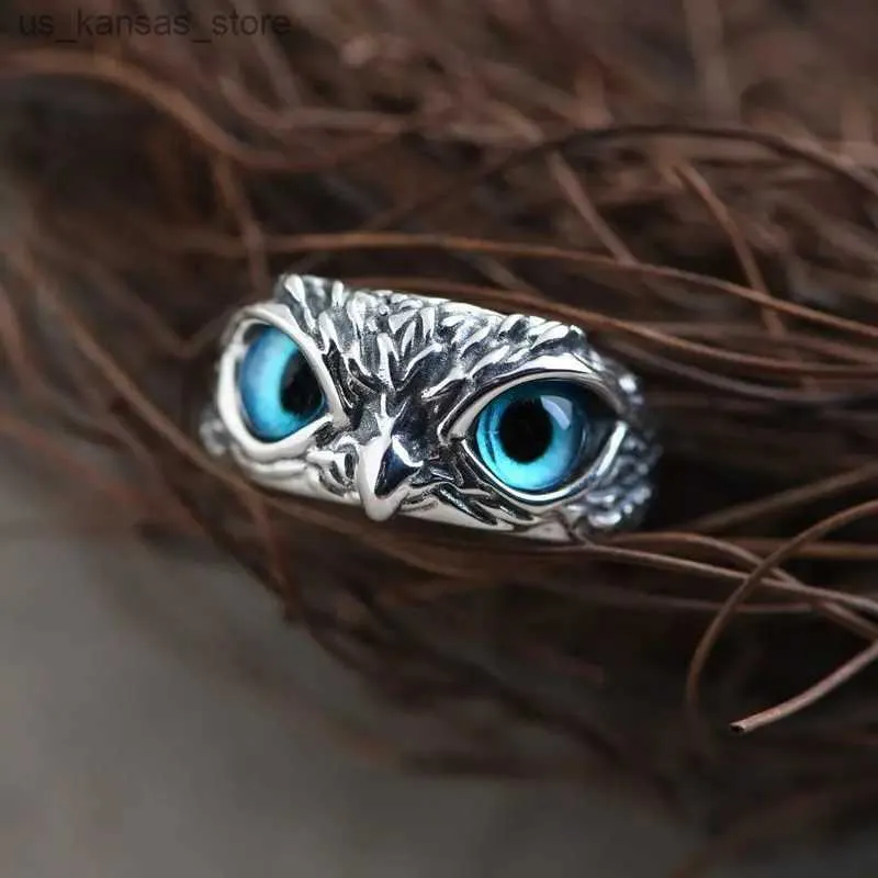 Anelli a grappolo 1 pezzo di nuovo anello d'argento blu Owl Owl Owl in lega adatto per uomini Donne Cool Neutral Style Dichiarazione Open Anillo Jewelry Anillo Regolabile240408