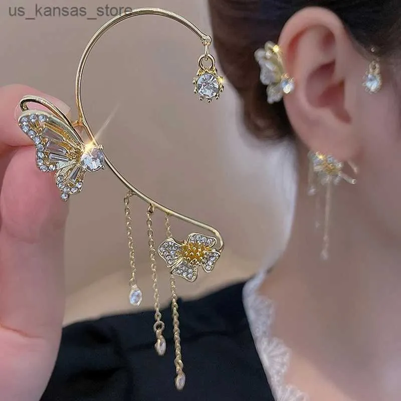 Charm Butterfly Ear Clip Ear Shiny Zircon Gold Color Long Tassel Clip Cuff Gift för kvinnor utan piercingörhängen Fashion Jewelry240408