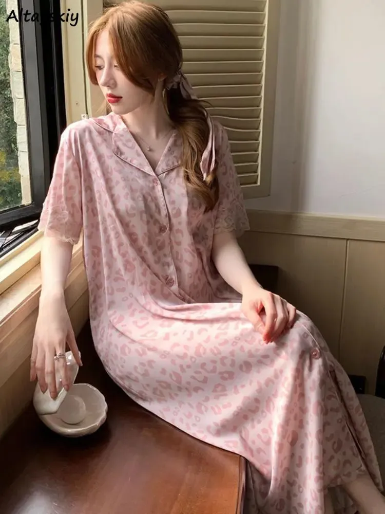 Nightgowns Kadın Seksi French Style Nazik Gevşek Midi Allmatch Placiatch Moda Mizam Mujer Ev Gündelik Tek Göğüslü 240408