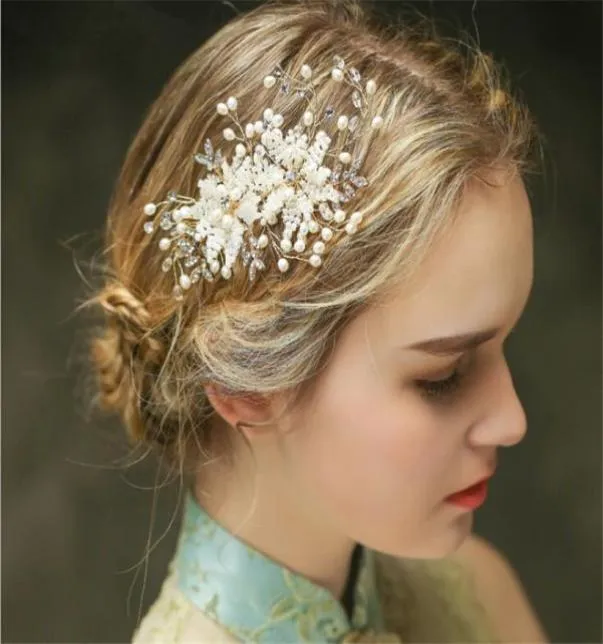 Designer Fashion Women Party Prom Wedding Bridal Gold Crystal Rhinestone Pearl Beaded Comb Hair Accessories Headpieces Jewelry Cro6373316