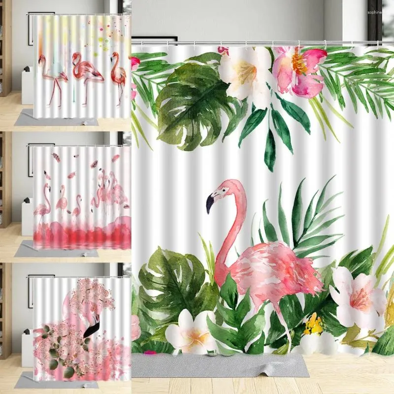 Shower Curtains Tropical Flamingo Green Plant Watercolors Bath Decor Cloth Waterproof Fabric Bathroom Bathtub Screen With Hook