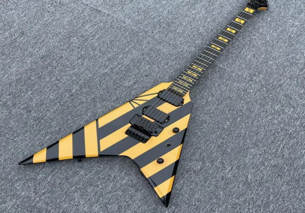 Nadir Parallaxe V2FR Michael Sweet Flying v Sarı şeritli elektro gitar floyd gül tremolo köprüsü siyah donanım 777 sırt kapağı3916540