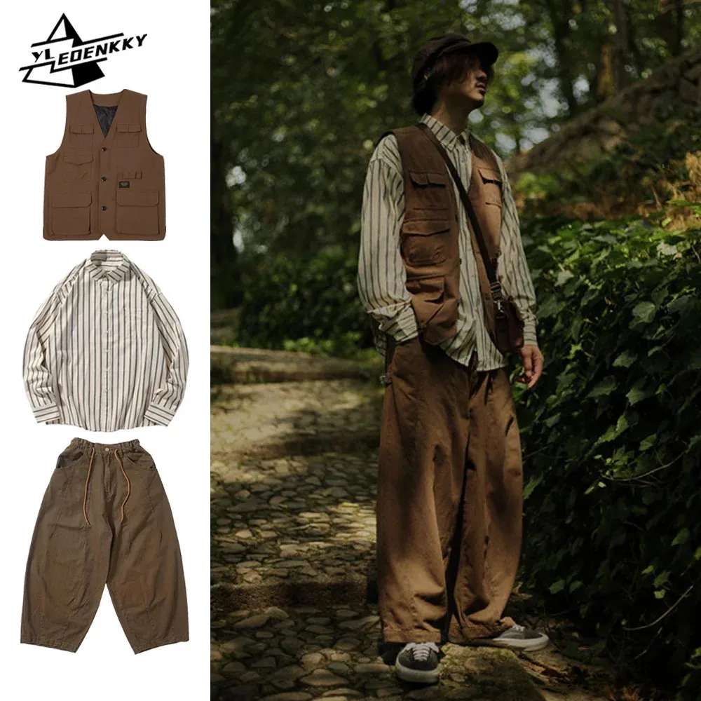 Japanese Vintage Set Men Women Multi-pocket Cargo Vest Spring Autumn Striped Long-sleeved Shirt Loose Casual Pants Three-piece 240327