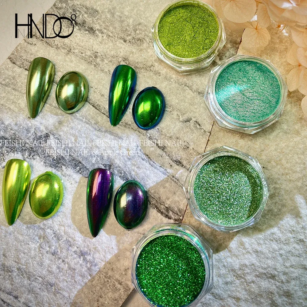 Glitter Hndo 4 PCS Reflexivo Magno Magia Verde Juego de polvo de polvo cromado brillo brillo pigmento Decoraciones de manicura profesional Diseño