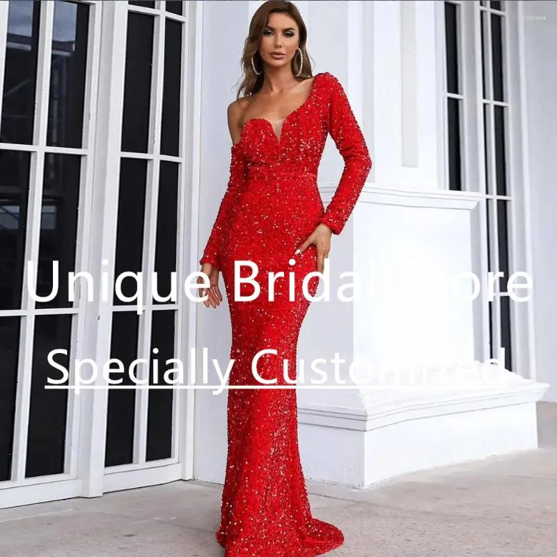 Party Dresses Mermaid Red Prom Dress One Shoulder Long Sleeve V-ring Vestidos de Gala PESKIN 2024 Women's Sweep Train Formellt tillfälle