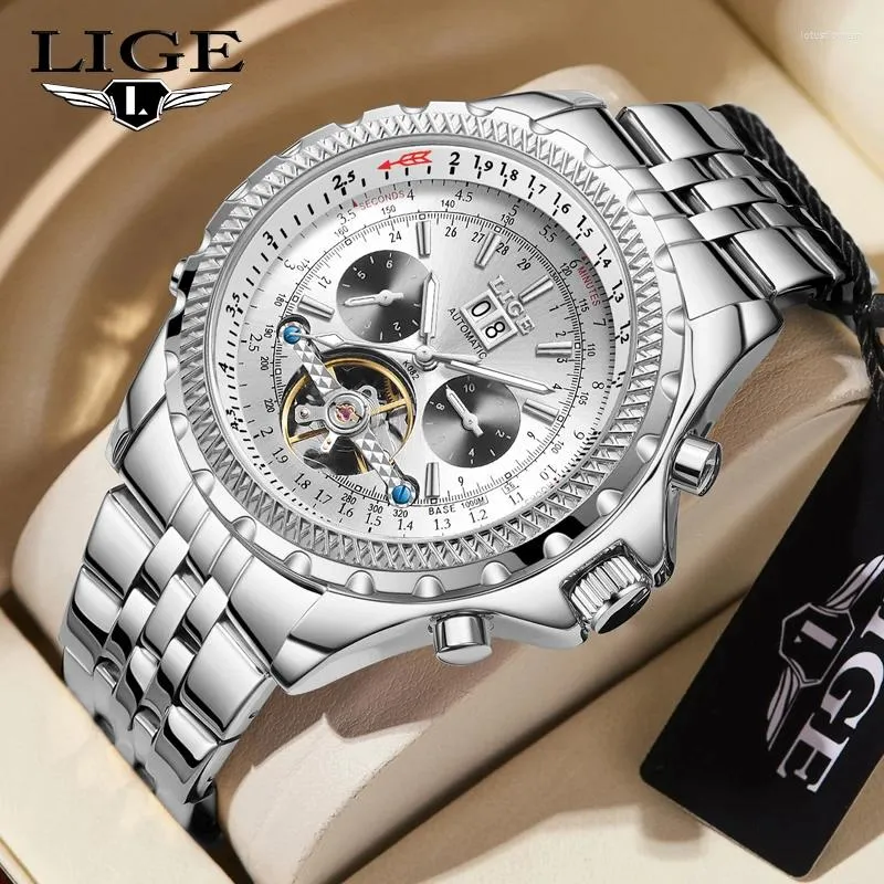 ساعة معصم Lige Men Luxury Automatic Mechanical Watches Date Proof Top Business Clock Stainless Steel Wristwatch Reloj Hombre