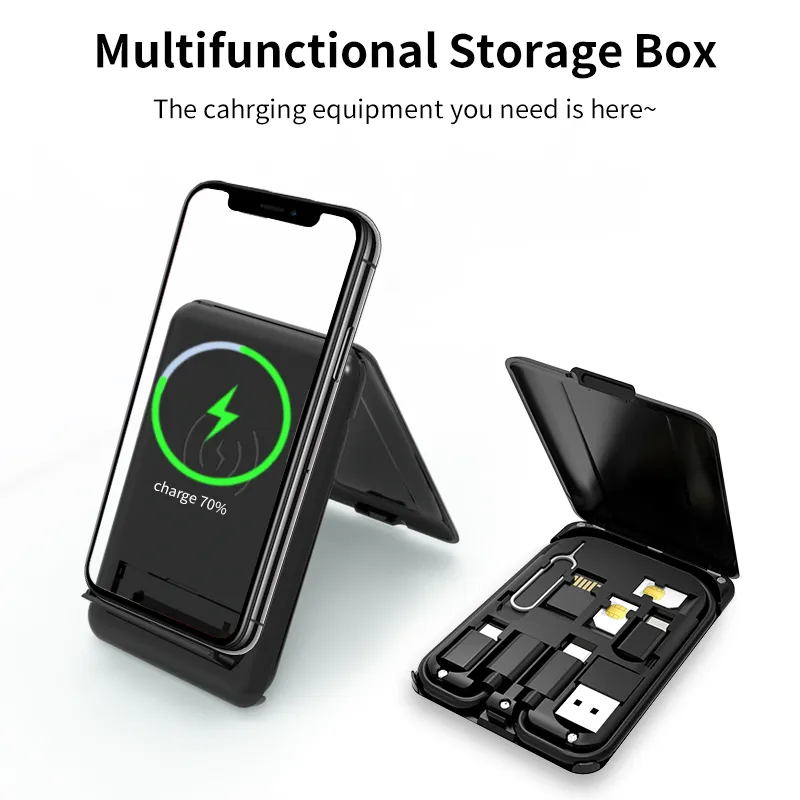 15W Trådlös laddning av multifunktionsdatakabel Adapter Storage Box Folding Mobiltelefonstativ