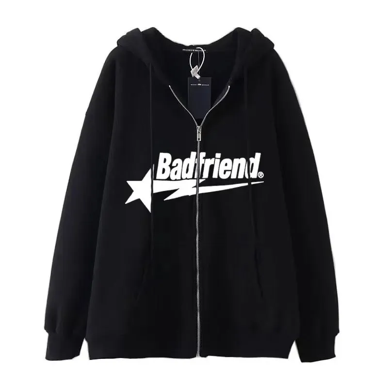 Badfriend Casual Hiphop Zipper Jacket Men 90s Boy Kpop Star Hooded paar Street Oversize Sweatshirt Ins Vintage American Style 240408