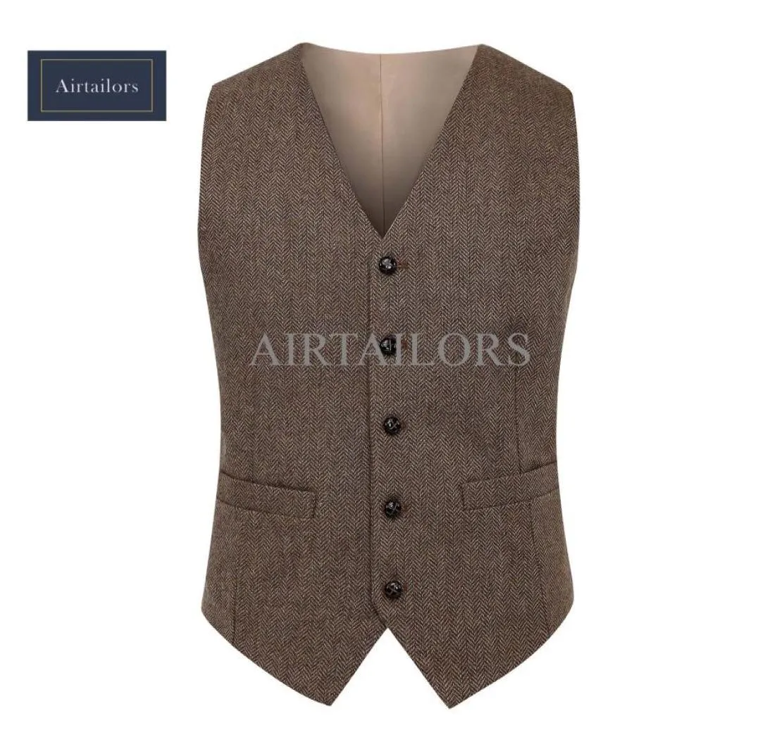 2018 New Vintage Wool Brown Herringbone Tweed Bests Brand Mens Suit Best Slim Fit Farm Wedding Vest Men Forman