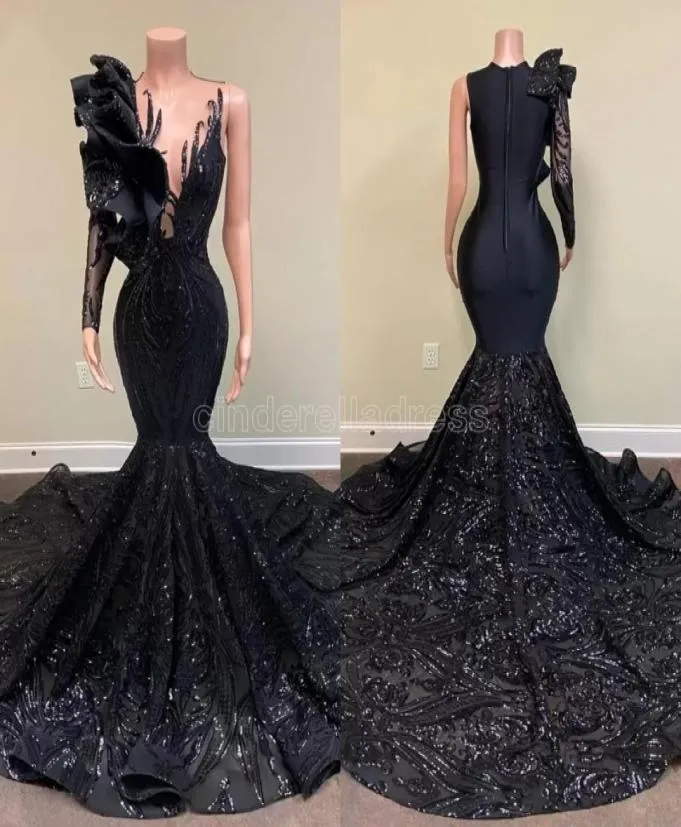 2023 Sexy Long Elegant Evening Dresses Mermaid Style Single Long Sleeve Black Sequin applique African Girl Gala Prom Party gown3797387
