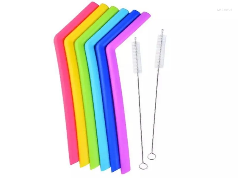 Canções de bebida 100 sts/lote 6pcs 25cm de palha de silicone de comprimento reutilizável com 2pcs Brush mais limpo para acessórios de barra de festa em casa