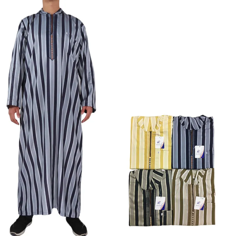 Nuova veste arabica del Medio Oriente con cappuccio con cappuccio islamico di cotone maschile e veste a strisce di lino all'ingrosso, colore e dimensioni miscelate