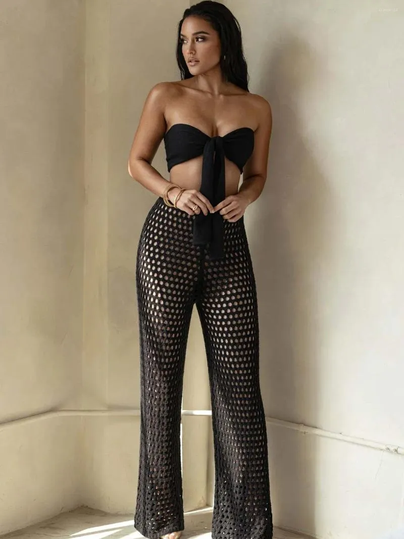 Women's Two Piece Pants 2024 Women Summer Girl Bikini Tube Top Sexy Hollow Out Knitted Loose Casual Wide Leg Sets Womens Outifits