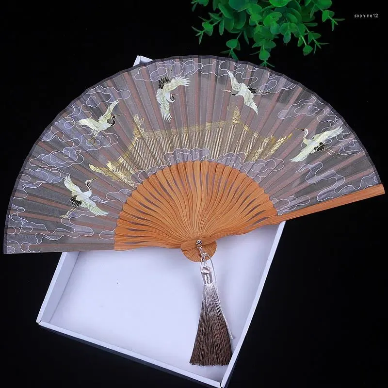 Decorative Figurines Japanese Ancient Silk Folding Fan For Women Vintage Hanfu Hollow Out Process Chinese Classic Summer