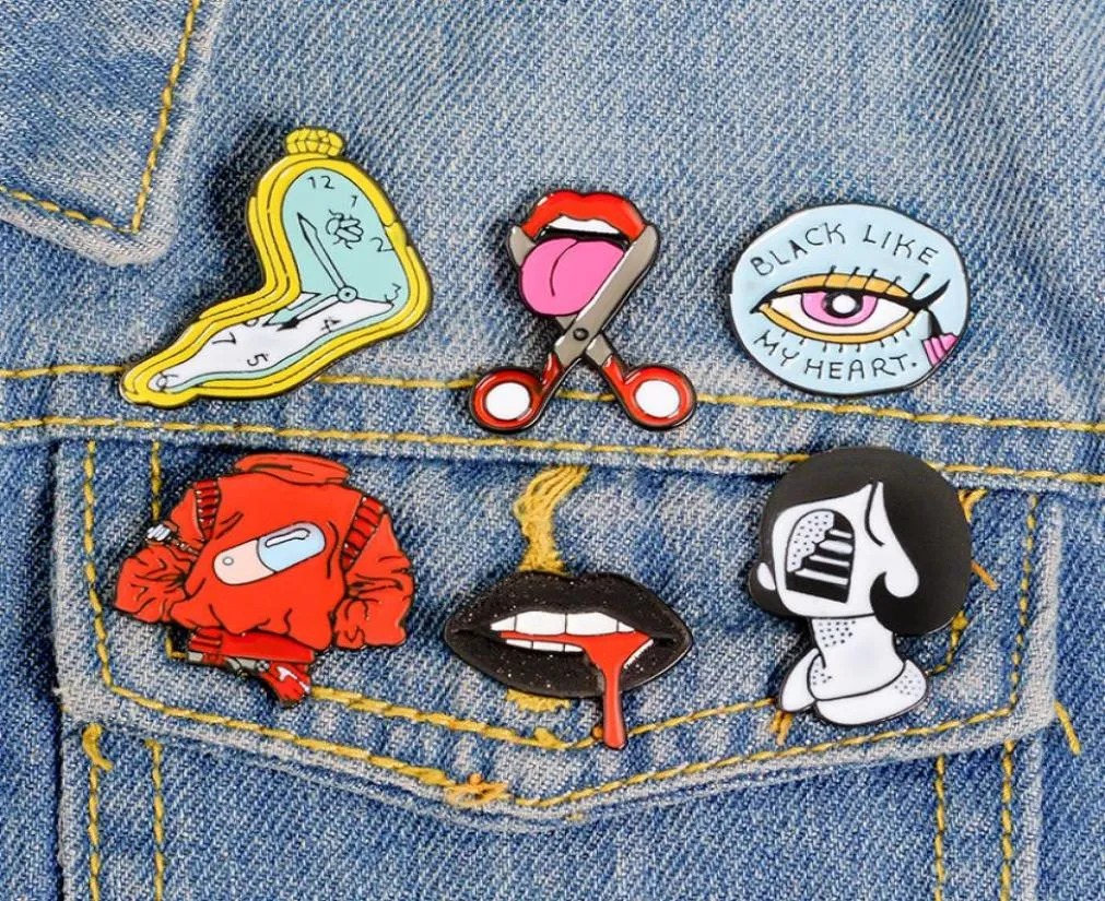 Vintage Punk Style Lips Clock Metal Kawaii Enamel Pin Badge Buttons Brooch Shirt Denim Jacket Bag Decorative Brooches for Men6247877