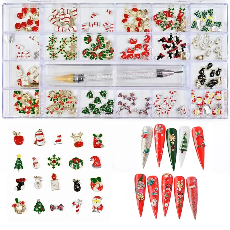 Dekorationer 200 st Nail Art Charms Kit, Christmas Nail Charms Rhinestones Box Mixed Snowflake/Reindeer/Candy/Cane For Nails Accessories#15Mod