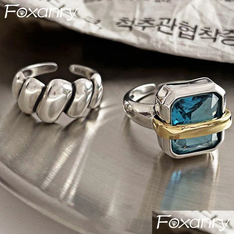 Ringar Foxanry Fashion Blue Zircons Engagement för kvinnor Par Vintage Handgjorda irregar Geometriska party smycken gåvor släpp leverans otvpy