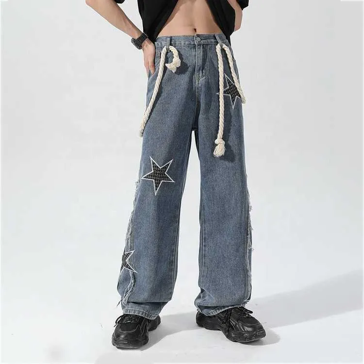 Benutzerdefinierte Stickstring Hip Hop 100% Baumwoll -Jeans -Hosenhosen für Männer