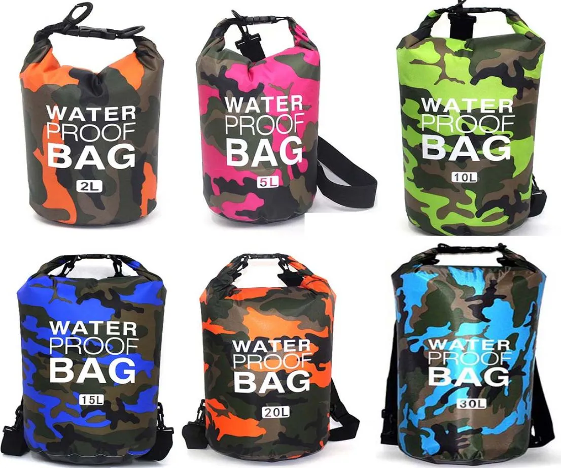 Açık Kamuflaj Su geçirmez kuru torba taşınabilir rafting dalış kuru çanta çuval pvc yüzme çantaları nehir trekking 2510152030l6358561