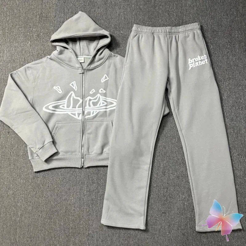 Schiuma bianca giacche pianeti rotti per binari grigio da pista alla moda hiphop street uomini donne pulitfit casual con cappuccio a due vie con cerniera a due vie 240408