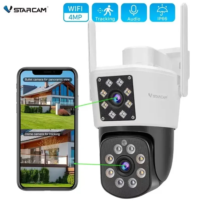 Camera's Vstarcam Nieuwe 2MP 2K Dual Lens Dual Picture Outdoor WiFi IP Camera geen dode hoekbal geïntegreerde beveiligingsbewaking Telefoon app