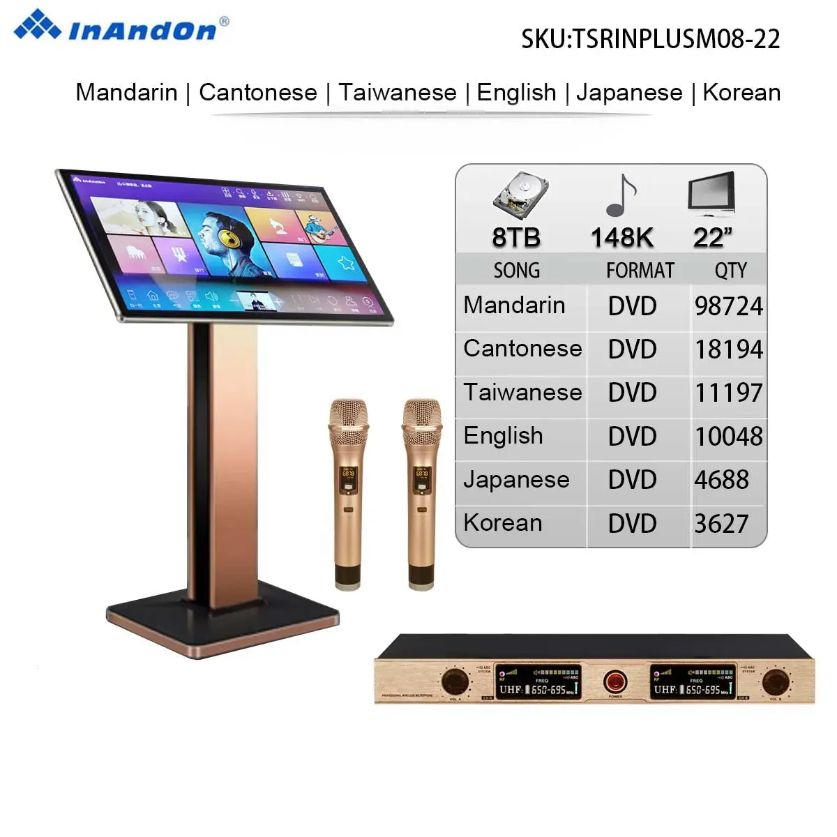 プレーヤーTSRINPLUSM088TB 148K HighPerformance Inanond Karaoke Player MicrophoneおよびDSP Mixer、22 "Touch Voice Keying Online Movie KTV