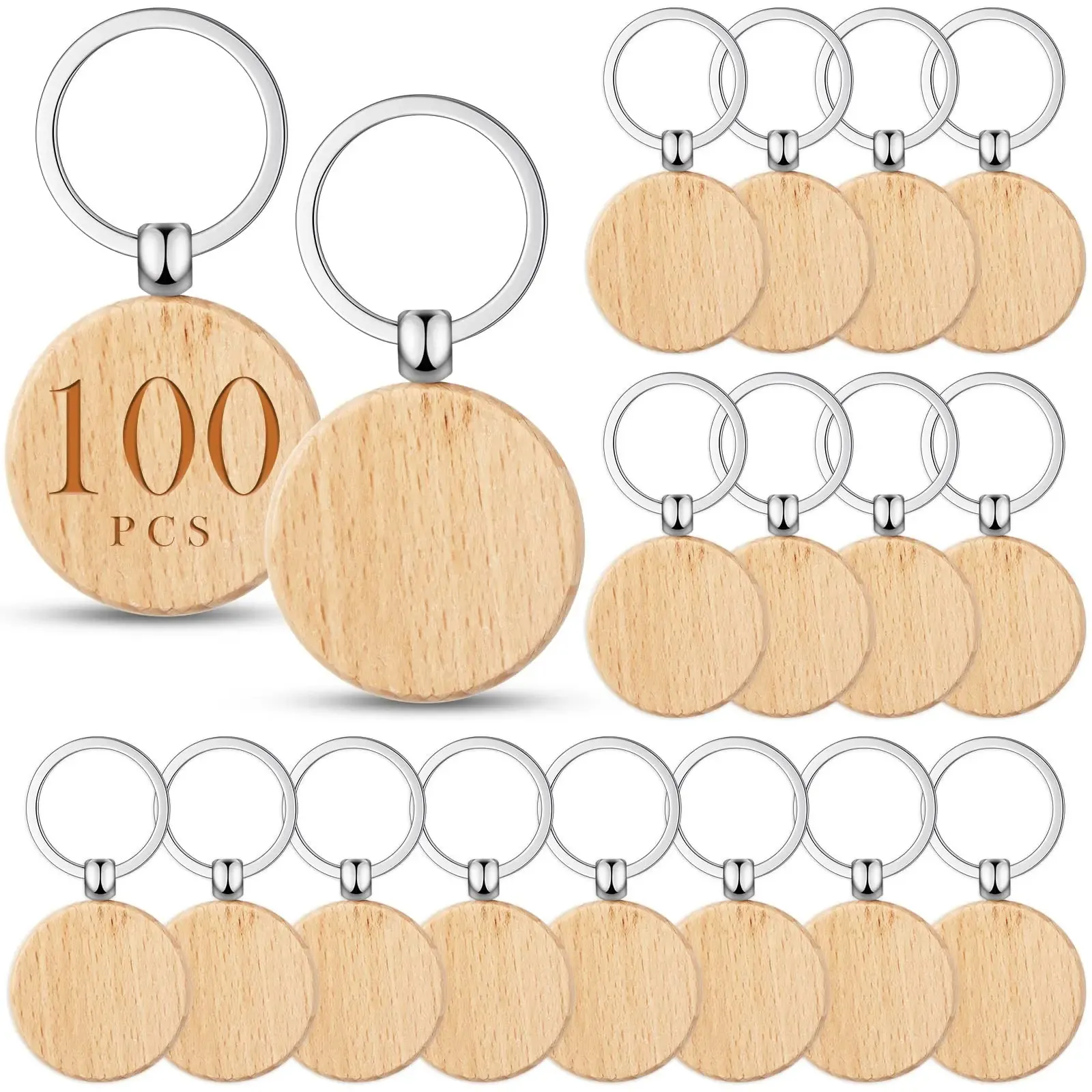 100 pièces rondes en bois des porte-clés banc de clés de clés de bricolage en bois