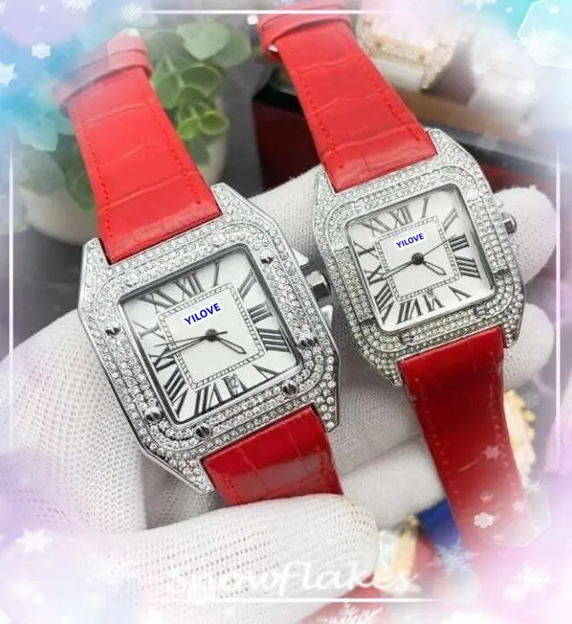 Couple Red Blue Black Cow Leather Belt Lovers watches men and women quartz movement clock diamonds ring good nice looking square tank dial automatic date wristwatch