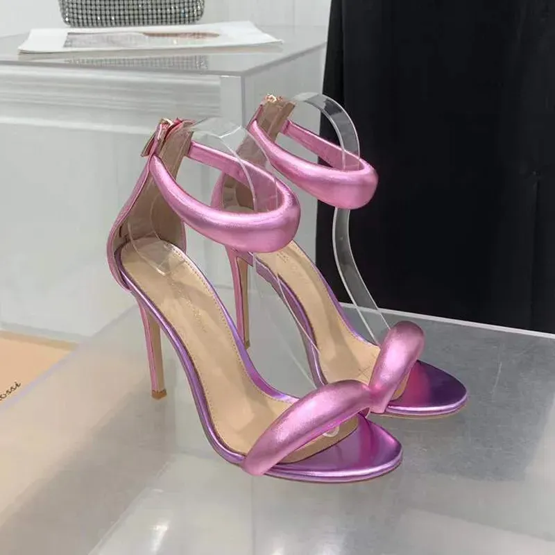 Stiletto Heels Sandalen Kleid Schuhe Stiletto Rose Metallic Leder Fuß Heeled Heck Reißverschluss Vrouwen Schoenen Zomerjurk Fabriek Schoeisel