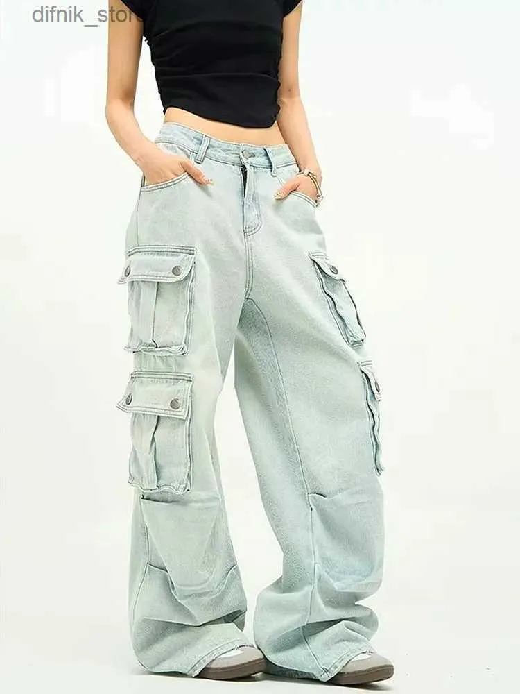 Frauen Jeans 2023 Harajuku Fashion Multi -Taschen Vintage Blue Baggy Frachtjeans Hosen Y2K Kleidung Frauen Straight Bein Strtwear -Hosen Y240408