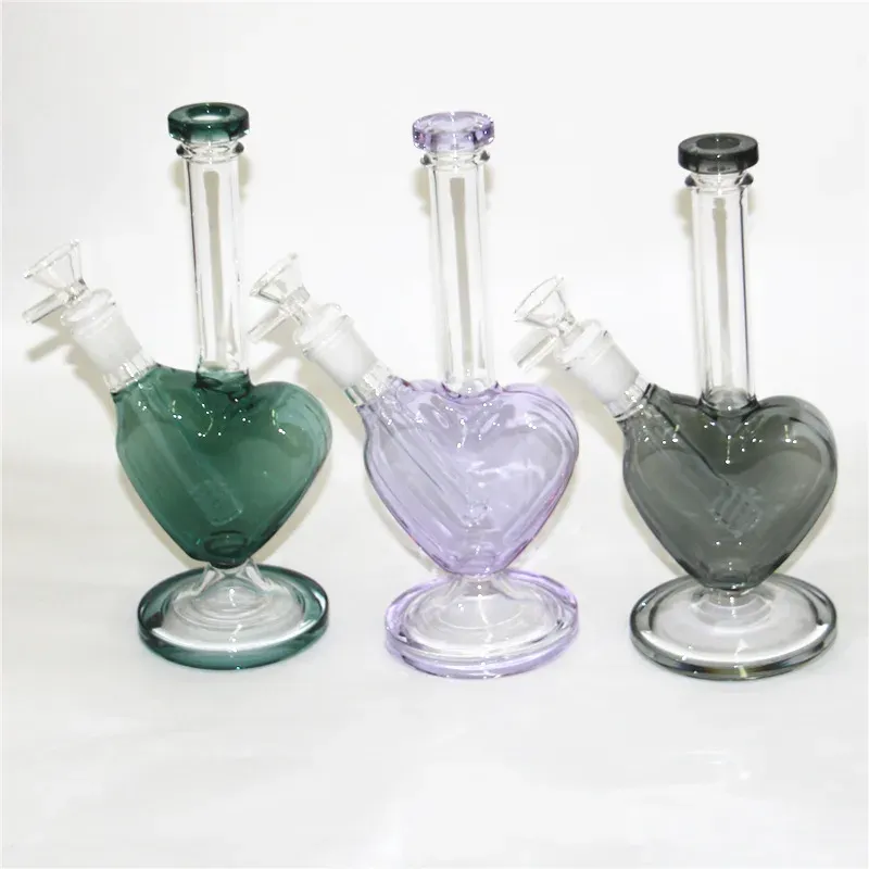 Heart Shape Pink Green Blue Color Hookahs Glass Bongs Water Pipes Oil Rig Dab Rigs with 14mm Smoking Dry Herb Bowls