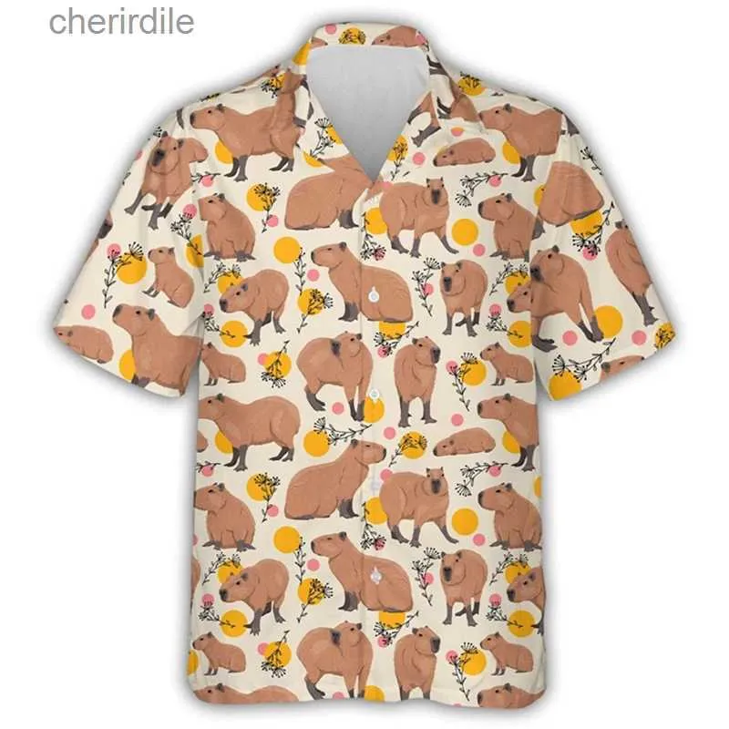 Men's Casual Shirts Kawaii Capybara mens graphic shirt 3D printed Hawaiian Aloha beach shirt short sleeved y2k cute childrens top lapel shirt yq240408