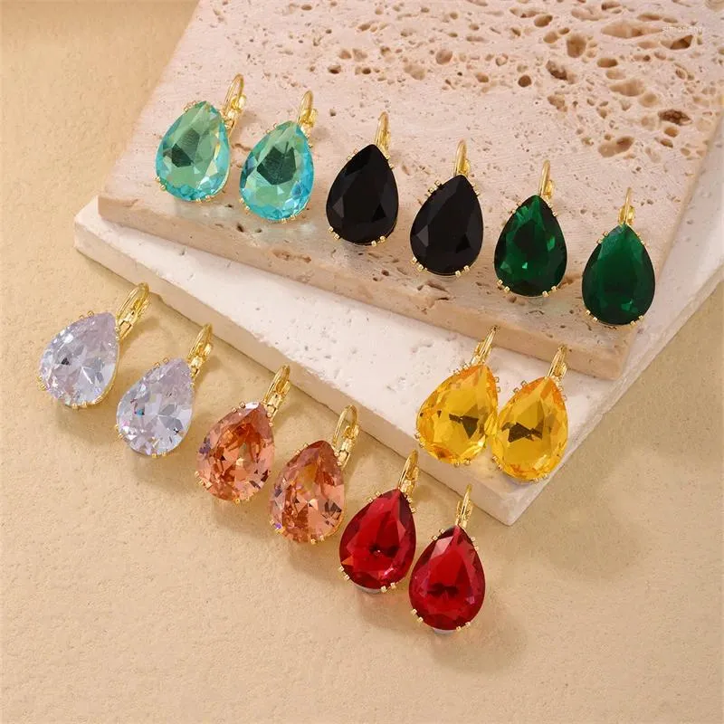 Hoop Earrings Pear Cut Water Drop Green Black Yellow Red Blue Stone For Women Antique Gold Color Zircon Bridal Ear Buckle Party