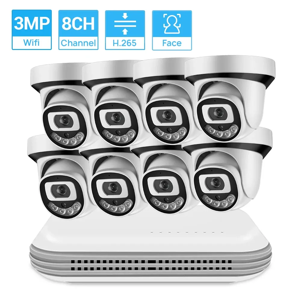 Cameras 8CH 3MP 2K Wireless Wifi System Mini Wifi NVR 3MP Indoor Camera Wifi Kit Face Detect Two Way Audio Color Nightvison XMeye H.265