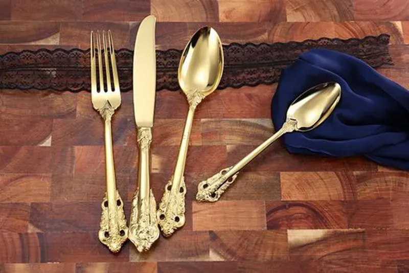 Golden Plated Cutlery Set Stainless Steel Knife Forks Teaspoon Gold Dinnerware Wedding Christmas Tableware