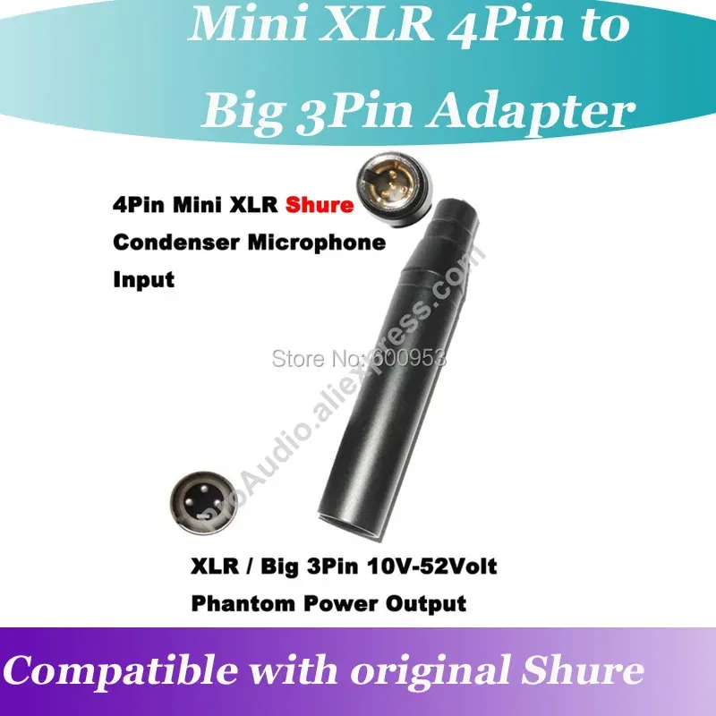 Microfones Professional Ta4f 4pin Mini XLR para Big 3pin masculino XLR Adaptador Phantom Power 48V Adaptador para Microfone Original Shure