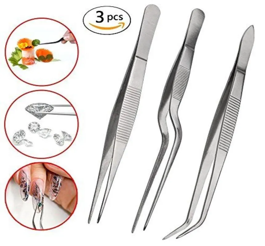 GDGY Tongs Tweezers 3Pcs Tweezers Set 63 inches Stainless Steel Precision Tongs tweezer with Cooking Offset Tip Silver8596551