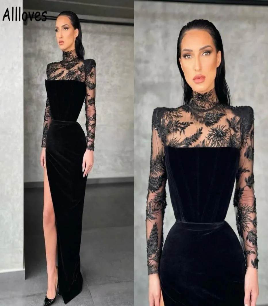 Vestidos de graduación de terciopelo negro con ilusión mangas largas de collar alto bordado con cuentas vestidos de noche formales sexy dividido árabe aso8366377